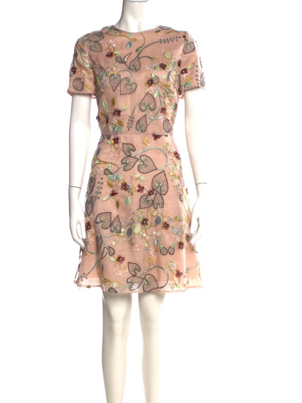 Tory Burch Silk Blush Pink Floral Embroidered Short Sleeve Dress